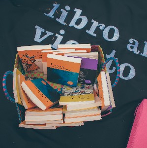 Libro al Viento books inside a colorful basket over a navy blue cloth